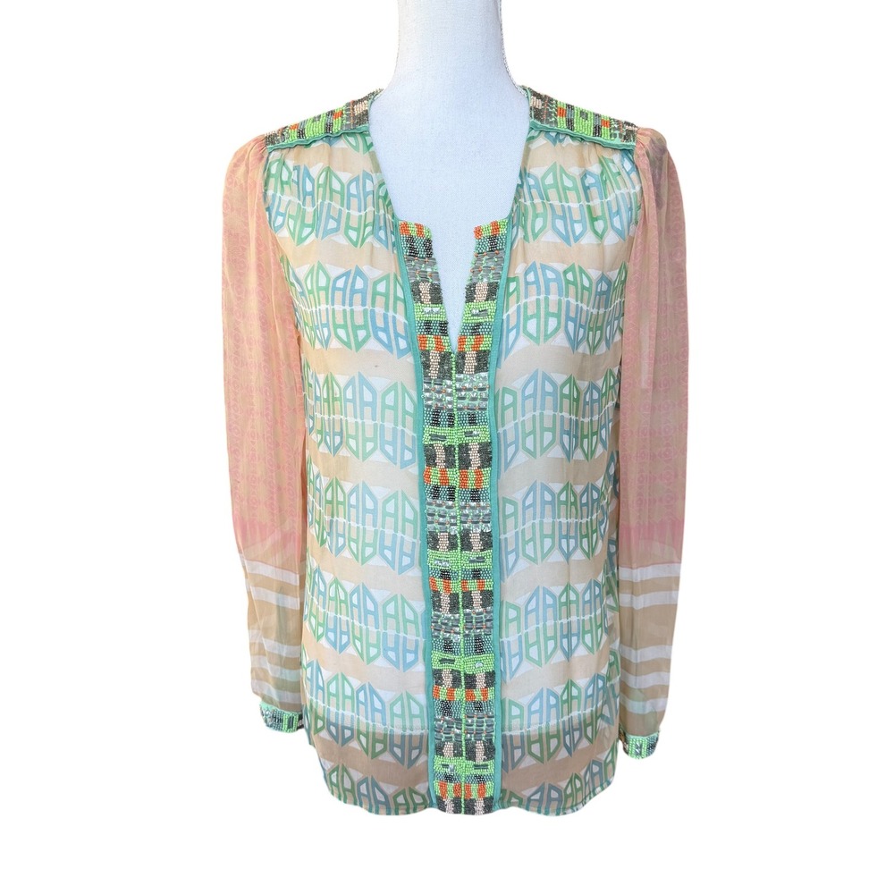 Blank London Beaded Sheer Viscose Georgette Blouse Green Pink Geometric Small